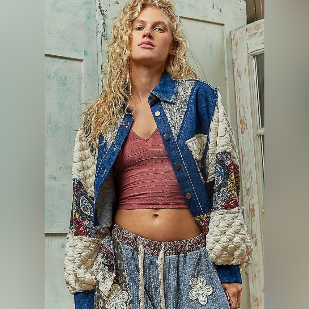 NEW POL Denim Blue Balloon Sleeve Patchwork Jacket Boho Lace Back Size Large
